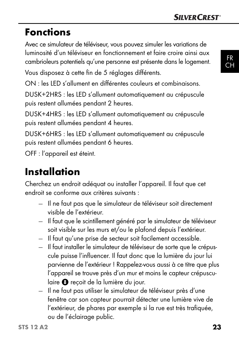 Fonctions, Installation | Silvercrest STS 12 A2 User Manual | Page 26 / 67