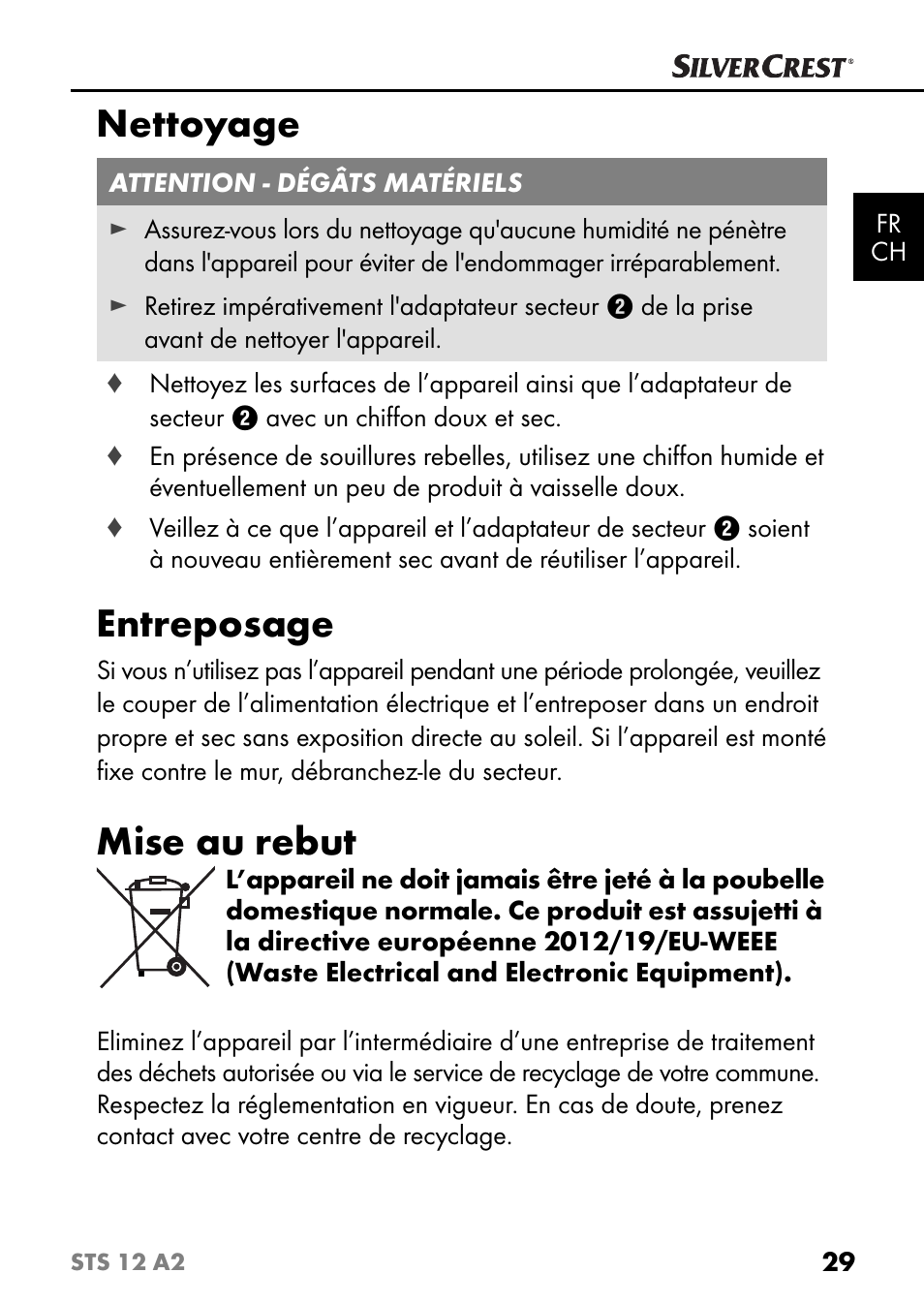 Nettoyage, Entreposage, Mise au rebut | Silvercrest STS 12 A2 User Manual | Page 32 / 67