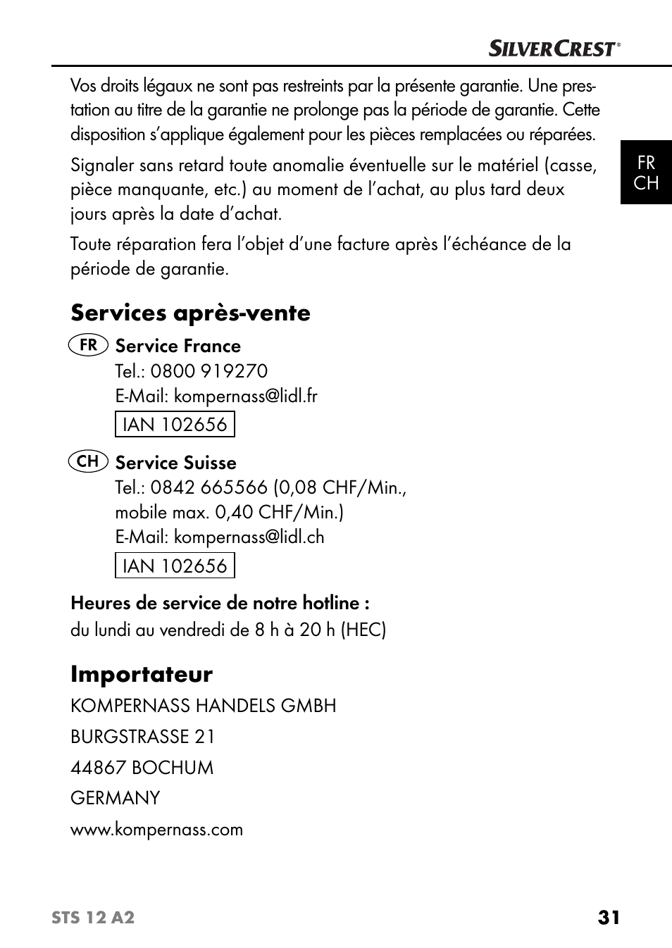 Services après-vente, Importateur | Silvercrest STS 12 A2 User Manual | Page 34 / 67