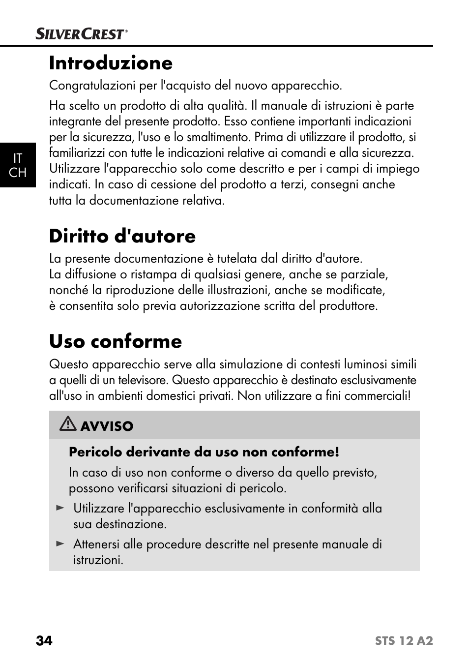 Introduzione, Diritto d'autore, Uso conforme | Silvercrest STS 12 A2 User Manual | Page 37 / 67
