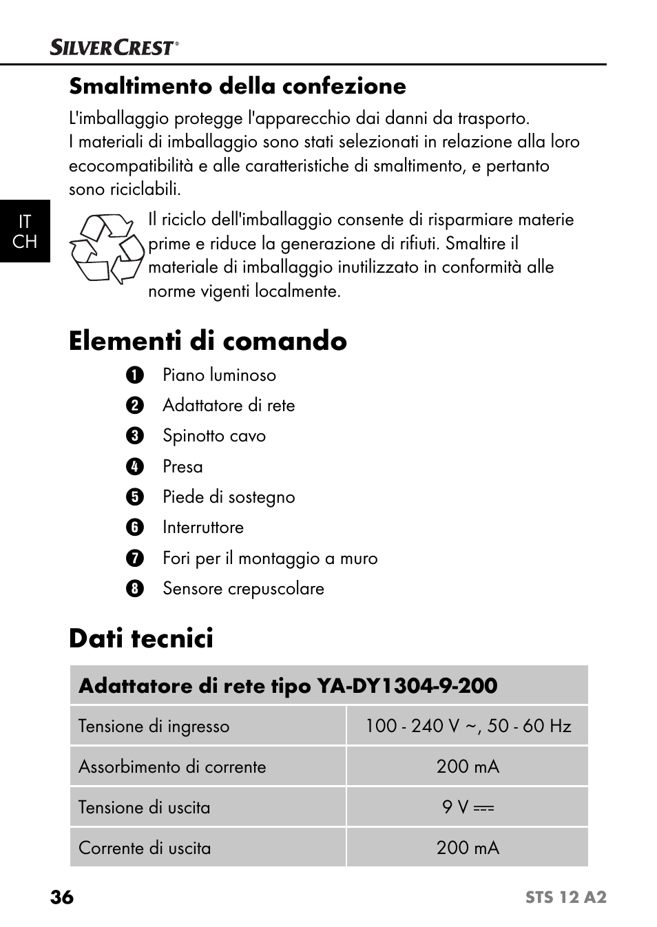 Elementi di comando, Dati tecnici, Smaltimento della confezione | Silvercrest STS 12 A2 User Manual | Page 39 / 67