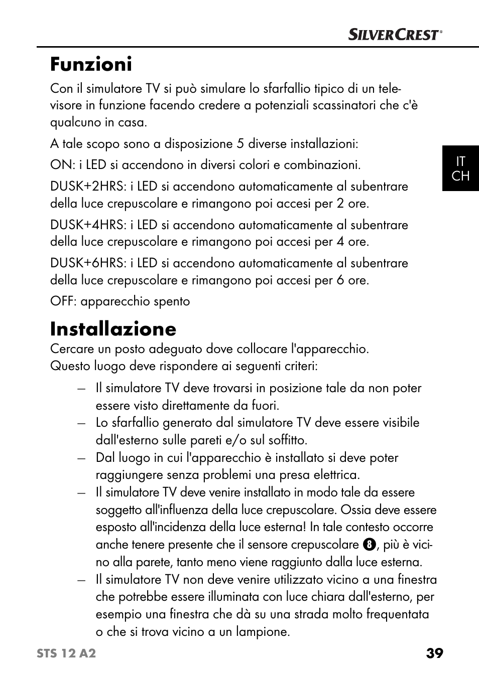 Funzioni, Installazione | Silvercrest STS 12 A2 User Manual | Page 42 / 67