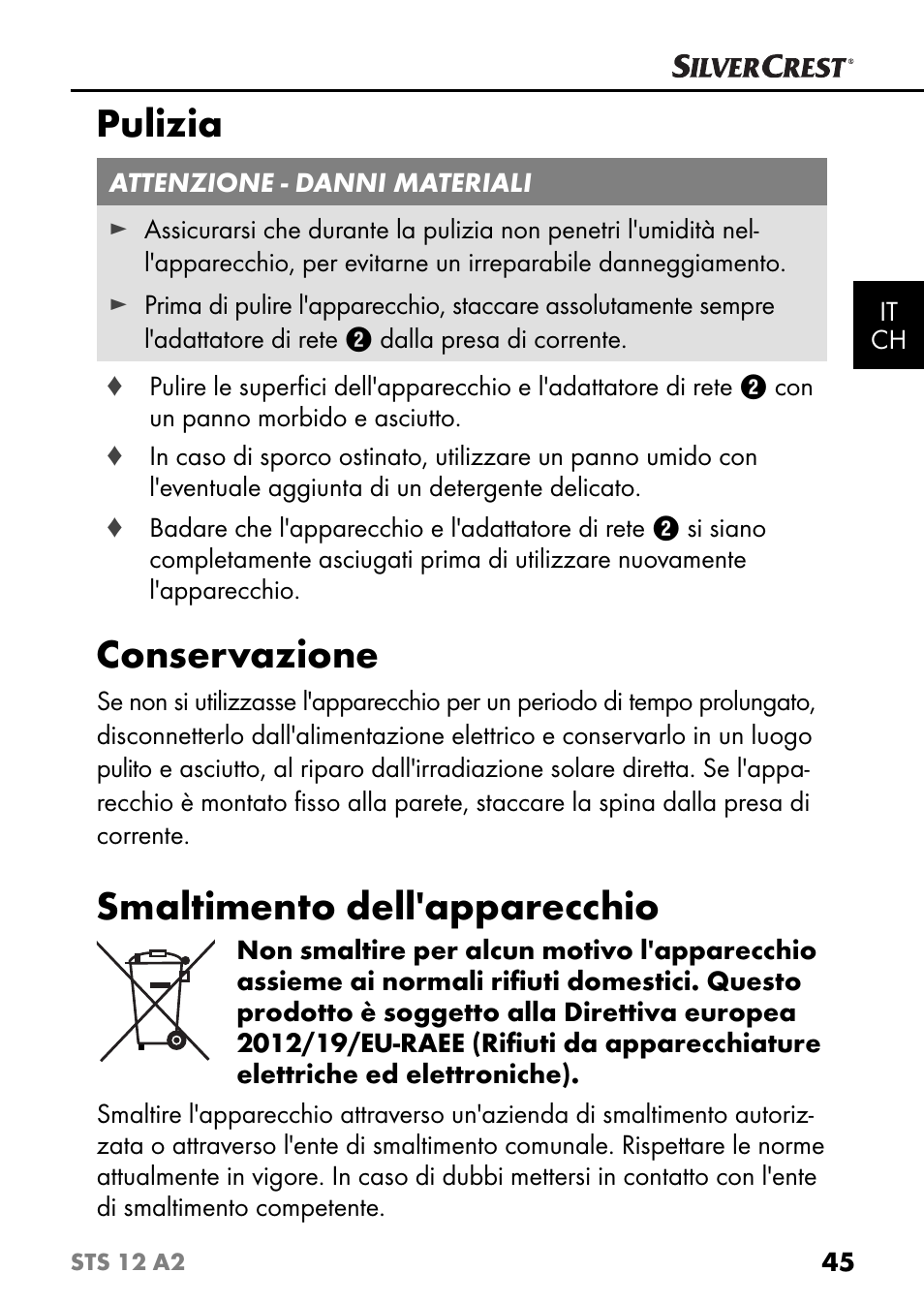 Pulizia, Conservazione, Smaltimento dell'apparecchio | Silvercrest STS 12 A2 User Manual | Page 48 / 67