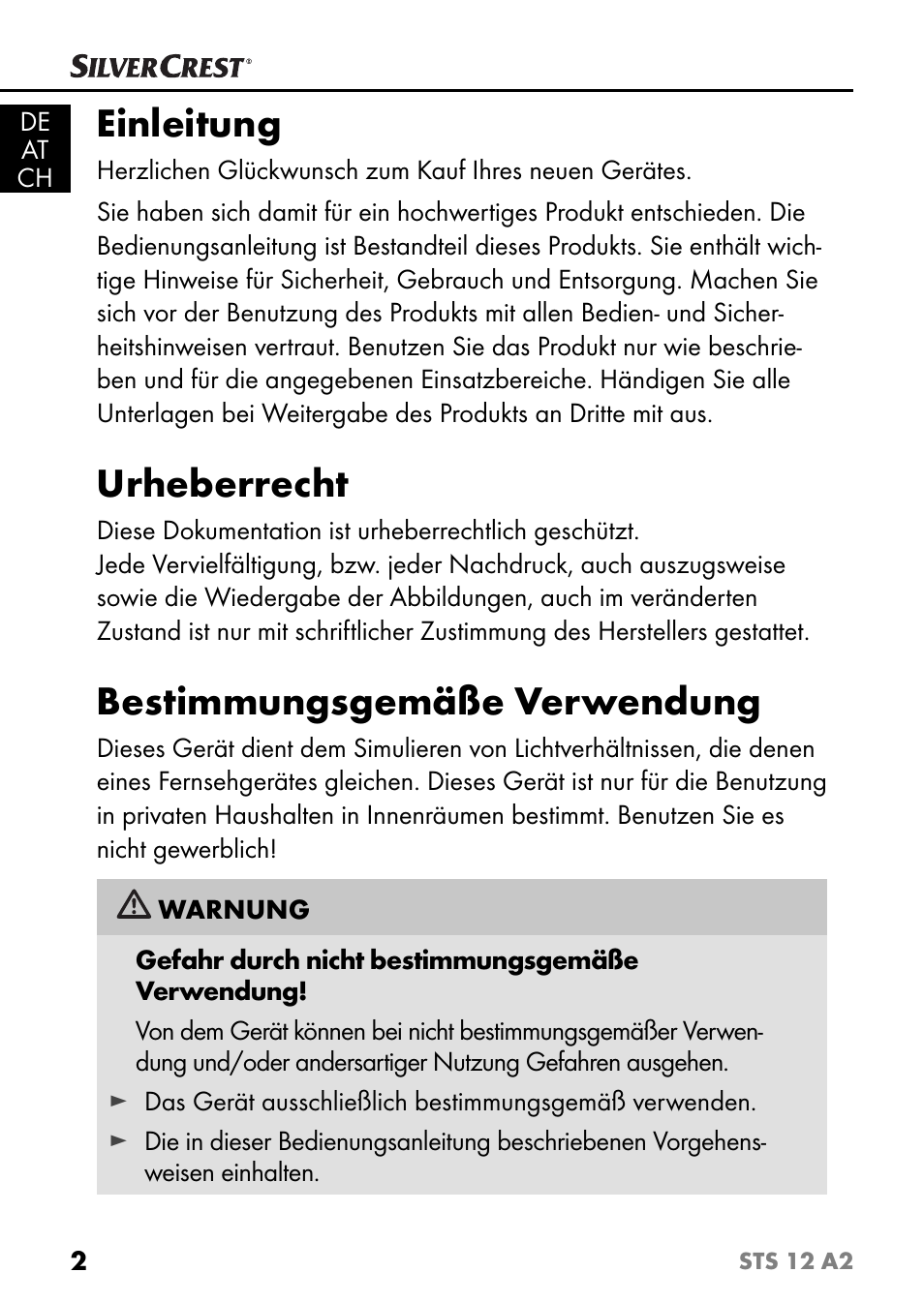 Einleitung, Urheberrecht, Bestimmungsgemäße verwendung | Silvercrest STS 12 A2 User Manual | Page 5 / 67