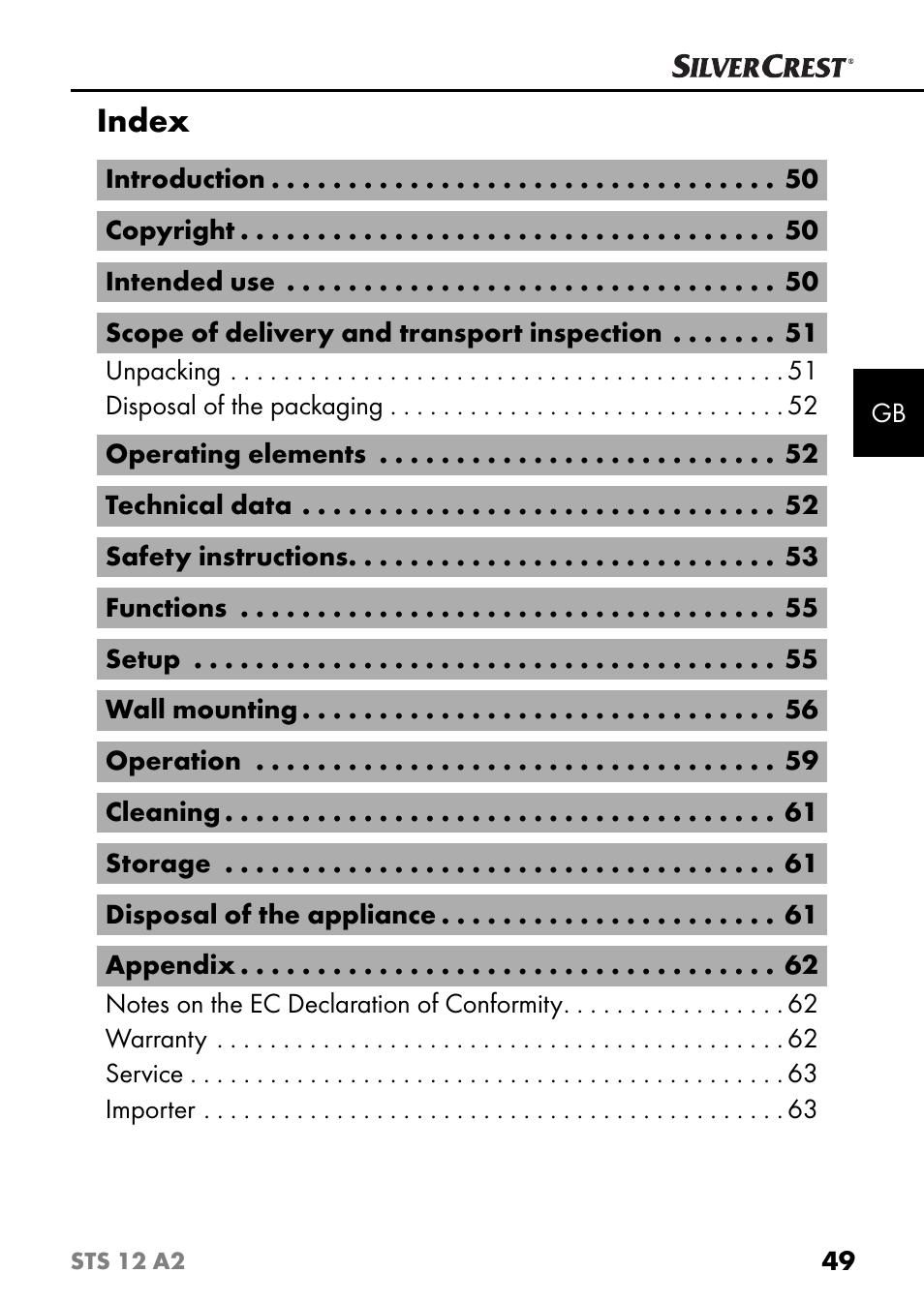 Index | Silvercrest STS 12 A2 User Manual | Page 52 / 67