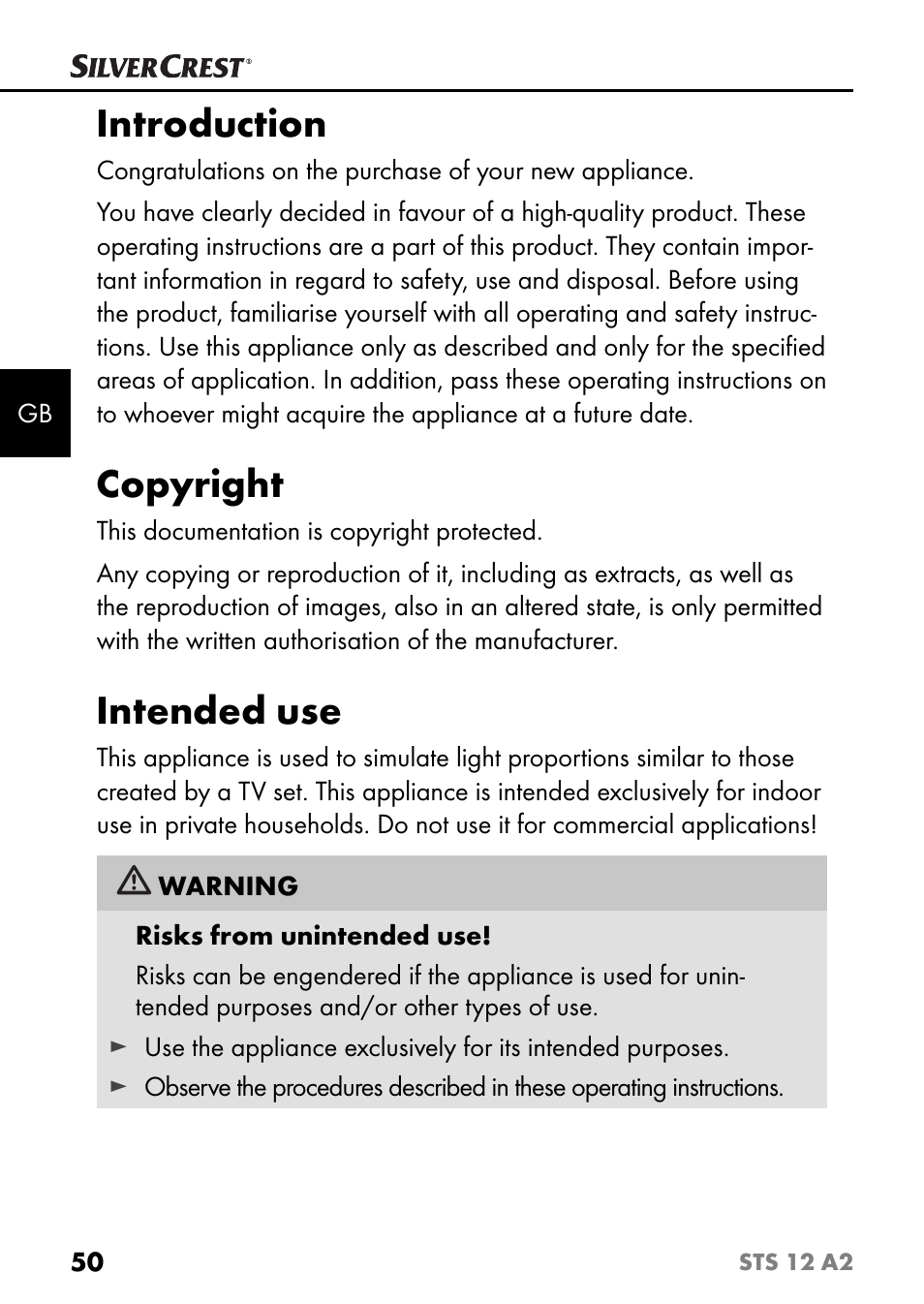 Introduction, Copyright, Intended use | Silvercrest STS 12 A2 User Manual | Page 53 / 67