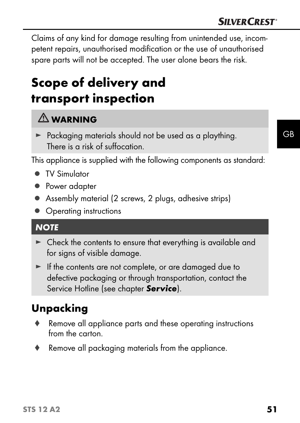 Scope of delivery and transport inspection, Unpacking | Silvercrest STS 12 A2 User Manual | Page 54 / 67