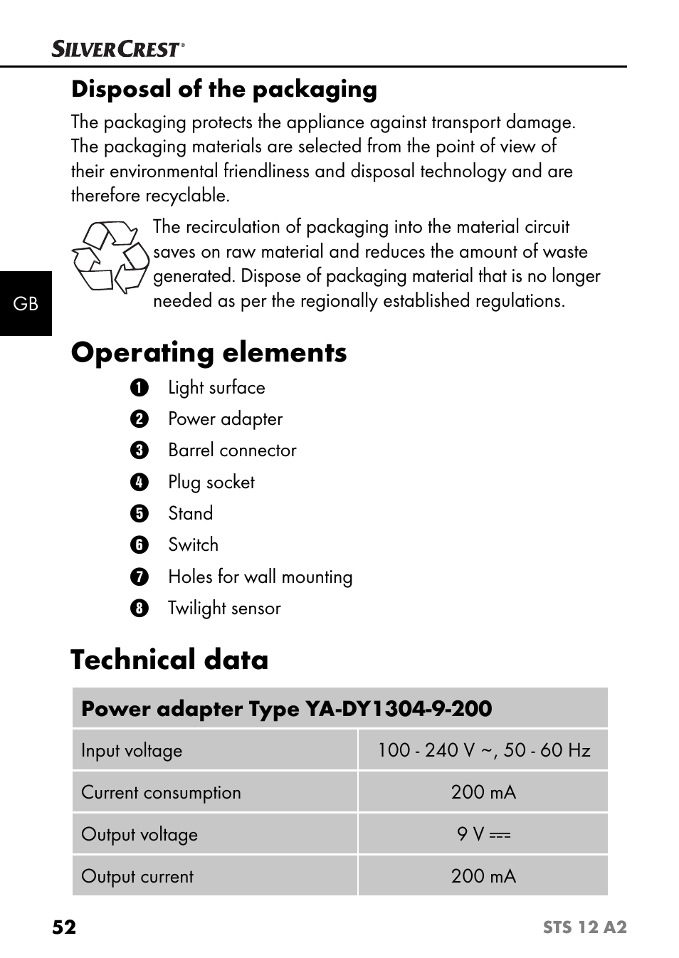 Operating elements, Technical data, Disposal of the packaging | Silvercrest STS 12 A2 User Manual | Page 55 / 67