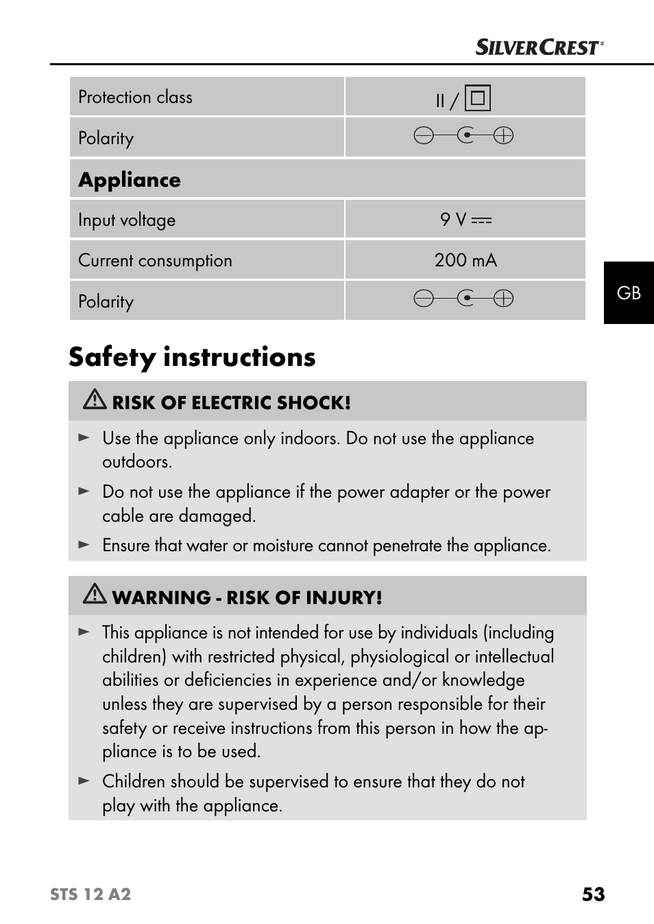 Safety instructions | Silvercrest STS 12 A2 User Manual | Page 56 / 67