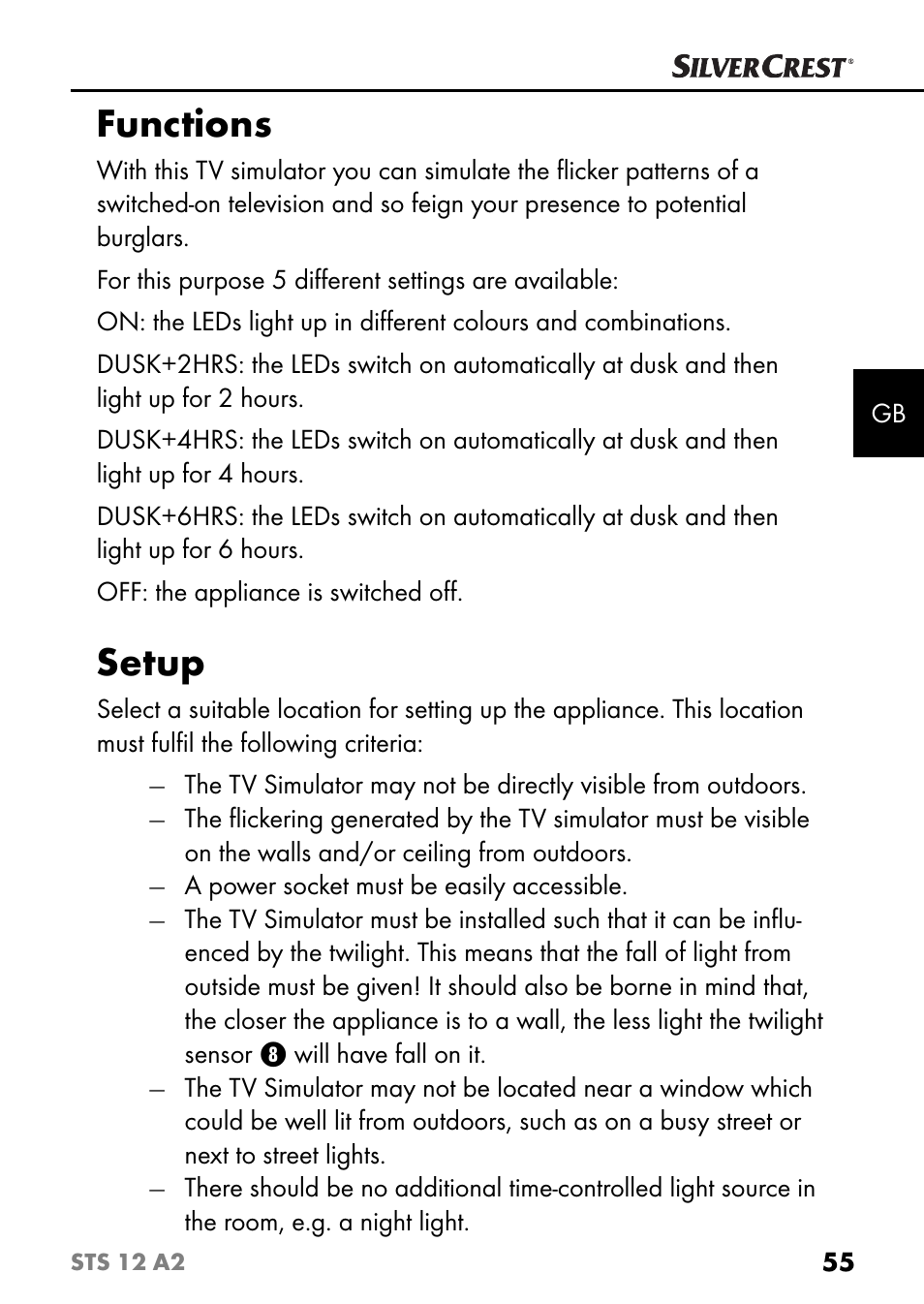 Functions, Setup | Silvercrest STS 12 A2 User Manual | Page 58 / 67