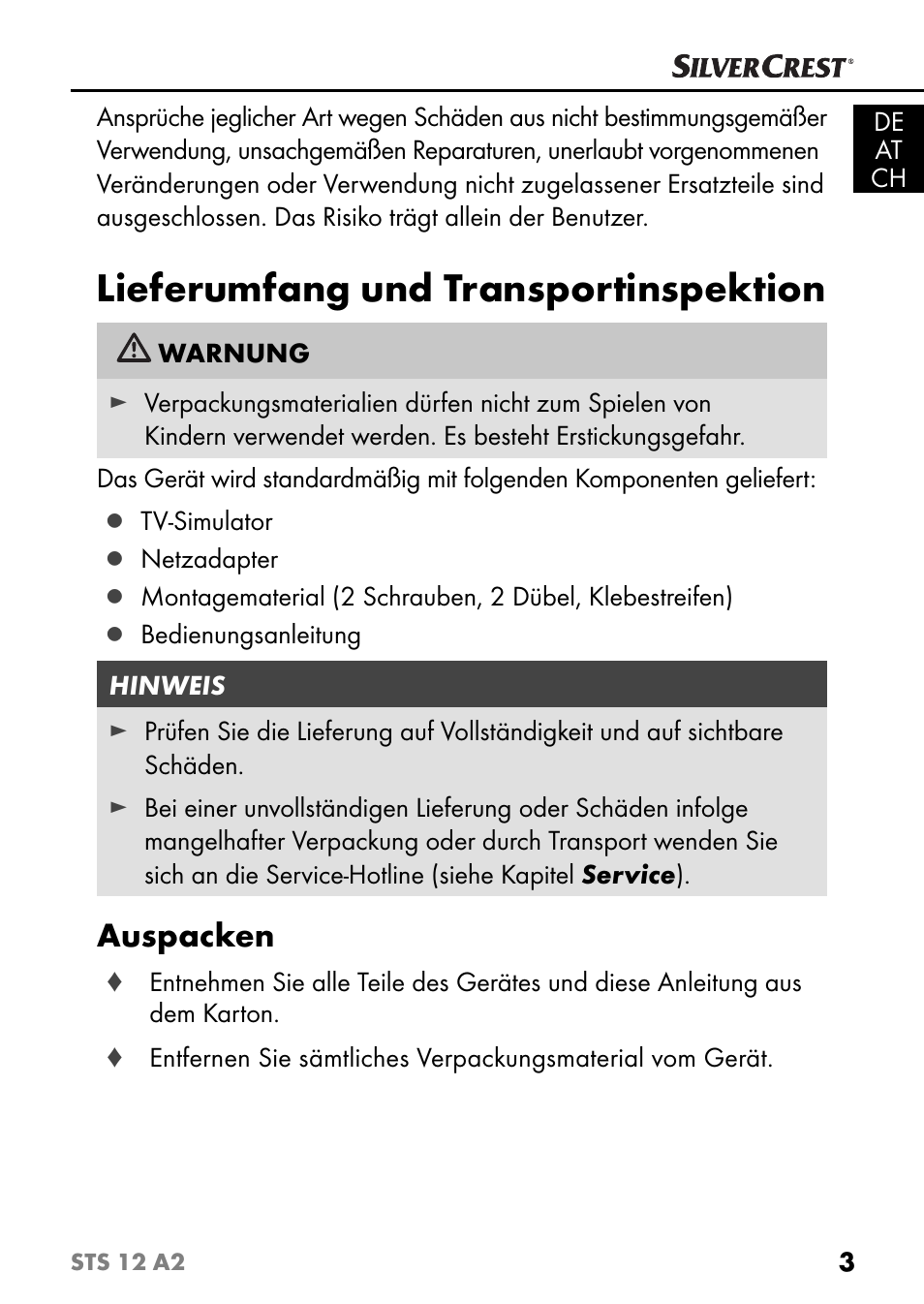 Lieferumfang und transportinspektion, Auspacken | Silvercrest STS 12 A2 User Manual | Page 6 / 67