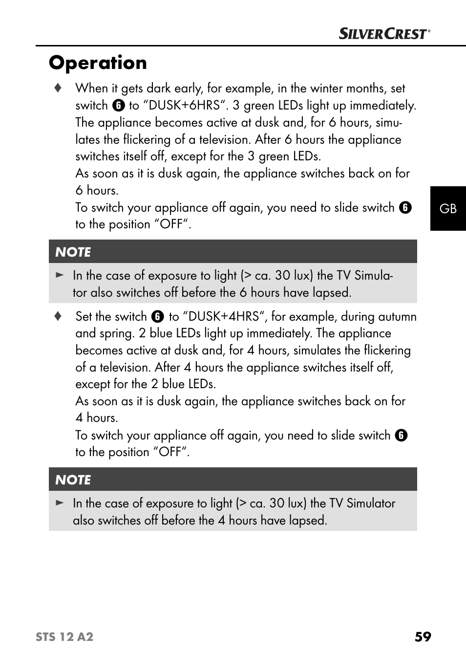 Operation | Silvercrest STS 12 A2 User Manual | Page 62 / 67