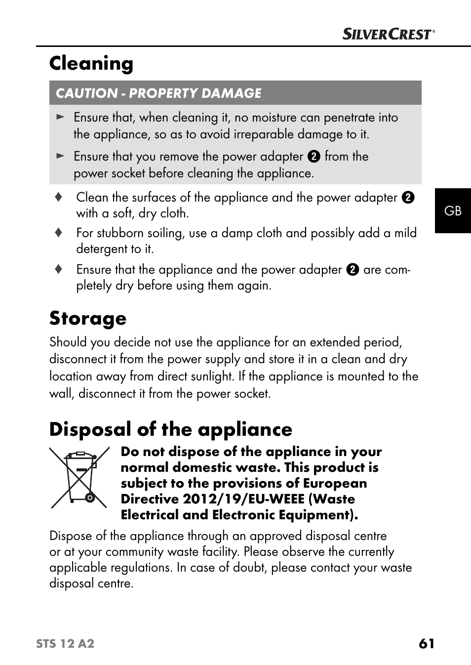 Cleaning, Storage, Disposal of the appliance | Silvercrest STS 12 A2 User Manual | Page 64 / 67
