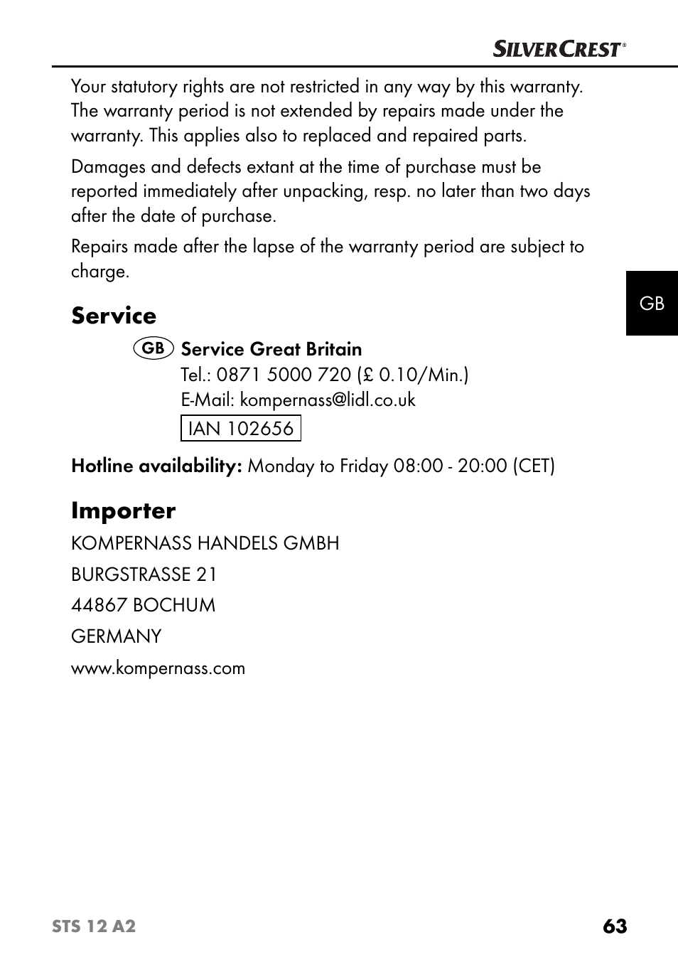 Service, Importer | Silvercrest STS 12 A2 User Manual | Page 66 / 67