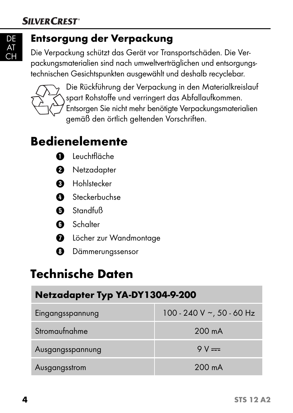 Bedienelemente, Technische daten, Entsorgung der verpackung | Silvercrest STS 12 A2 User Manual | Page 7 / 67