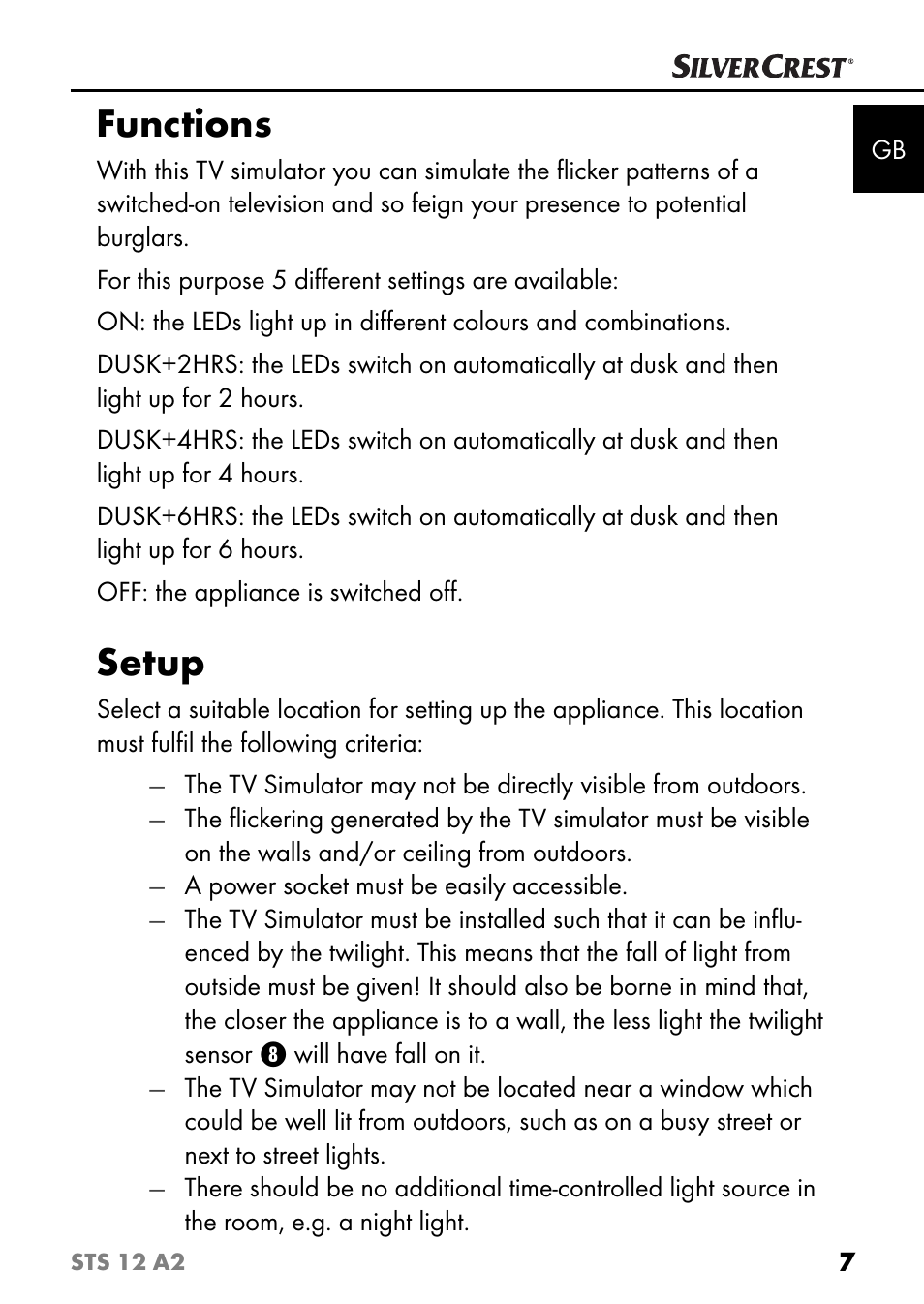 Functions, Setup | Silvercrest STS 12 A2 User Manual | Page 10 / 116