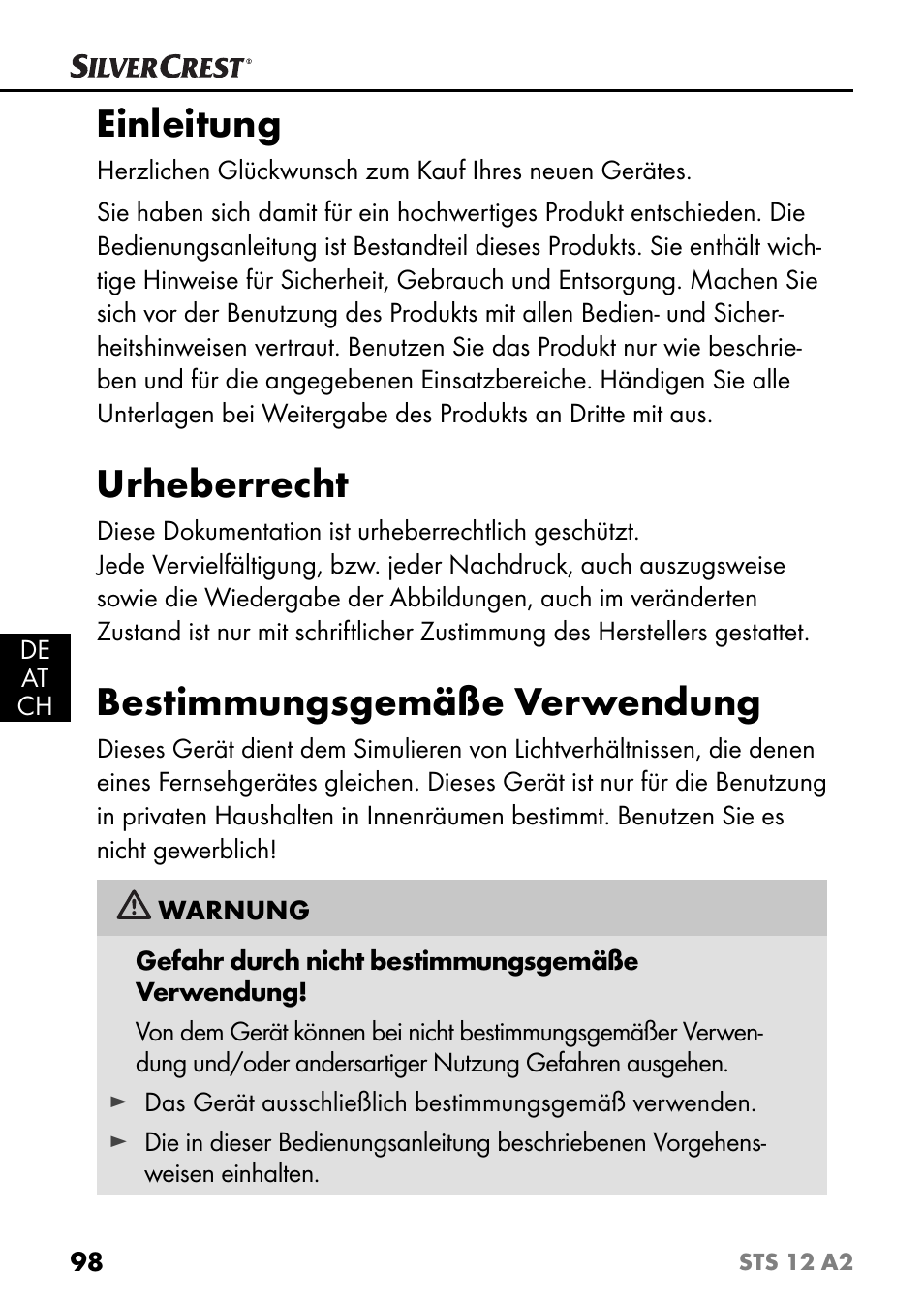 Einleitung, Urheberrecht, Bestimmungsgemäße verwendung | Silvercrest STS 12 A2 User Manual | Page 101 / 116