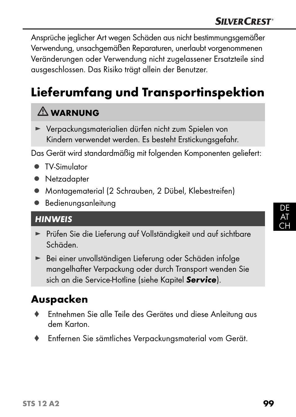 Lieferumfang und transportinspektion, Auspacken | Silvercrest STS 12 A2 User Manual | Page 102 / 116