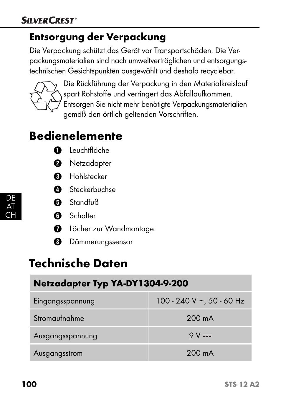 Bedienelemente, Technische daten, Entsorgung der verpackung | Silvercrest STS 12 A2 User Manual | Page 103 / 116