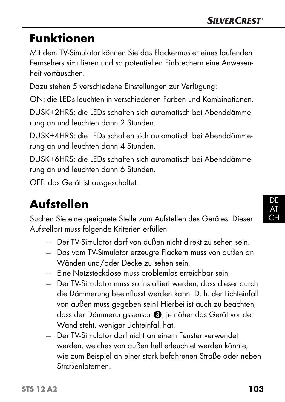 Funktionen, Aufstellen | Silvercrest STS 12 A2 User Manual | Page 106 / 116