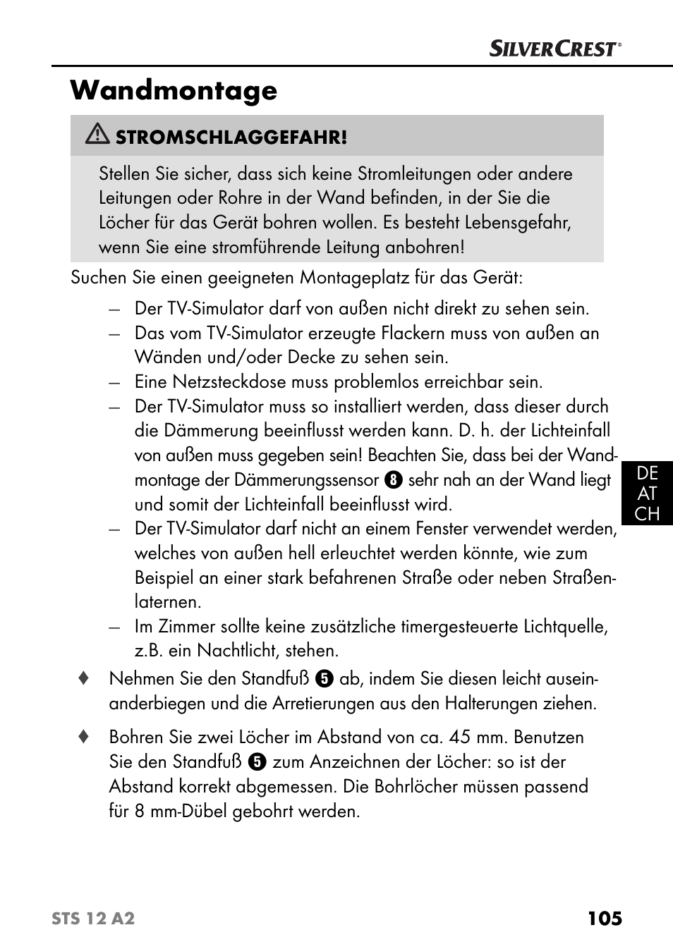 Wandmontage | Silvercrest STS 12 A2 User Manual | Page 108 / 116