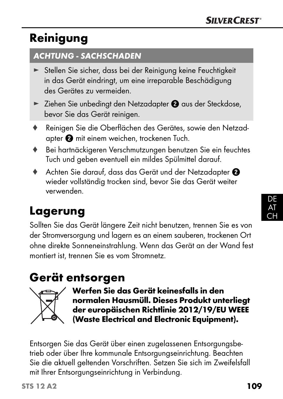 Reinigung, Lagerung, Gerät entsorgen | Silvercrest STS 12 A2 User Manual | Page 112 / 116