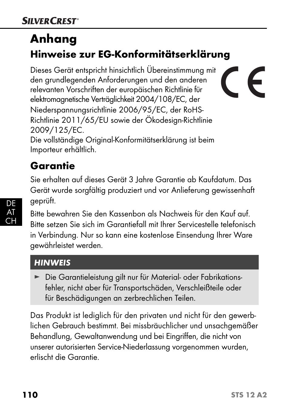 Anhang, Hinweise zur eg-konformitätserklärung, Garantie | Silvercrest STS 12 A2 User Manual | Page 113 / 116