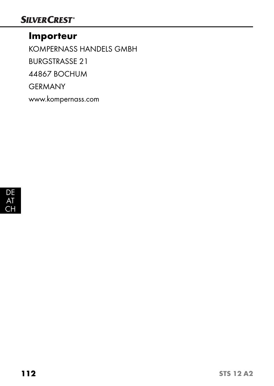 Importeur | Silvercrest STS 12 A2 User Manual | Page 115 / 116