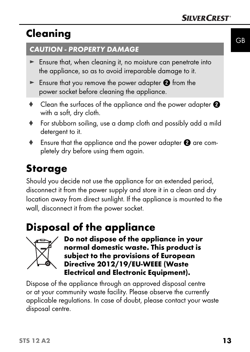 Cleaning, Storage, Disposal of the appliance | Silvercrest STS 12 A2 User Manual | Page 16 / 116