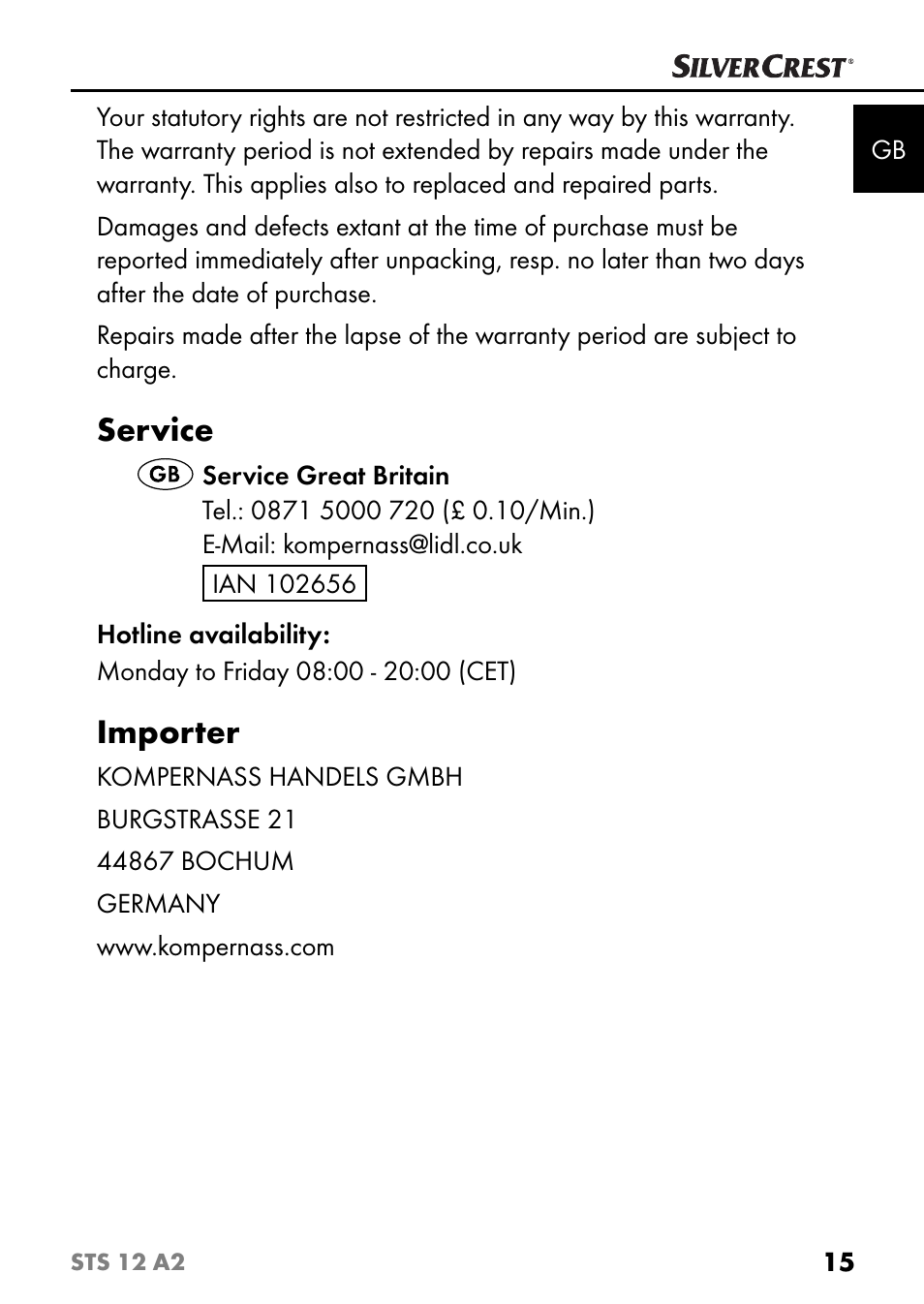 Service, Importer | Silvercrest STS 12 A2 User Manual | Page 18 / 116