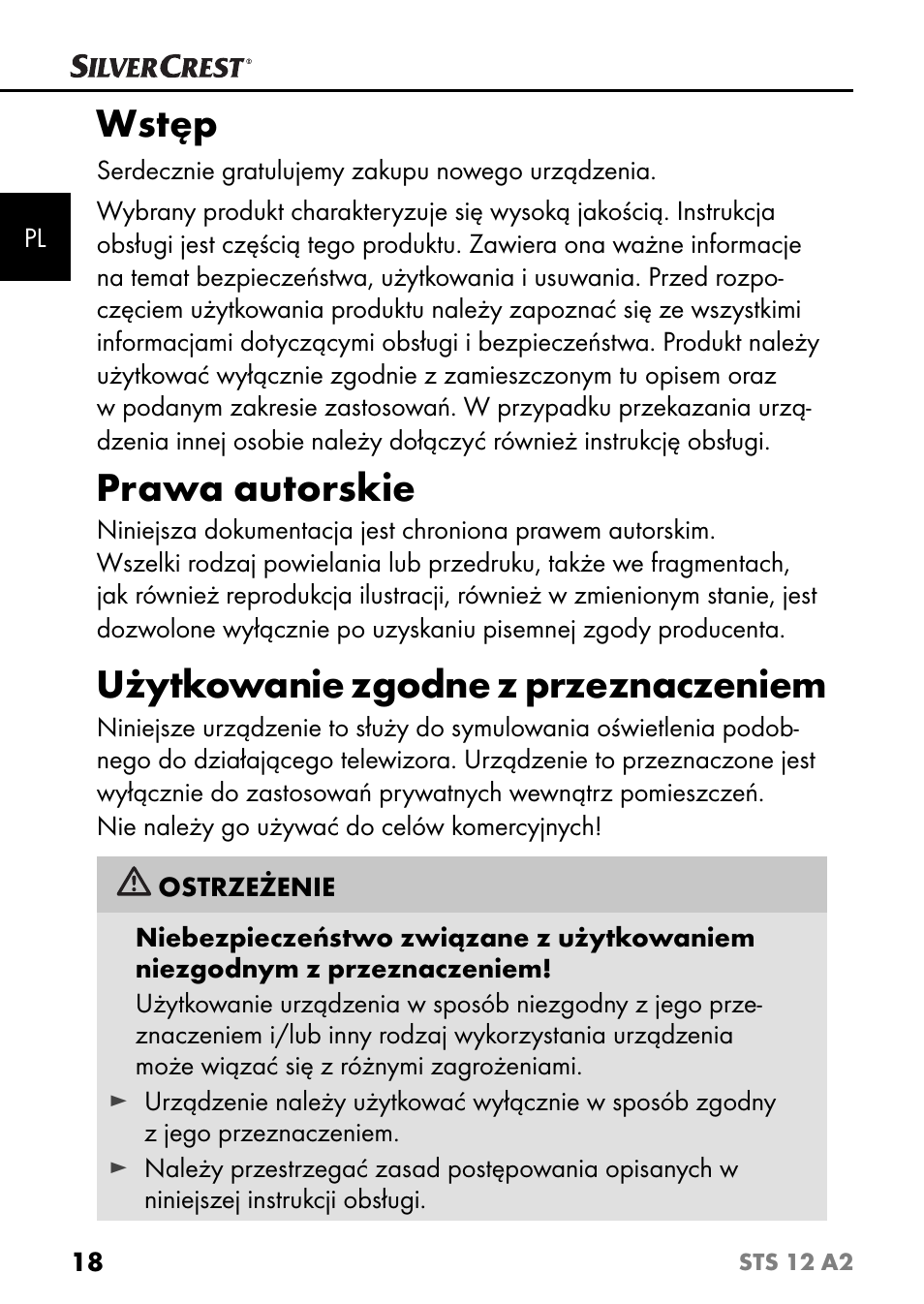 Wstęp, Prawa autorskie, Użytkowanie zgodne z przeznaczeniem | Silvercrest STS 12 A2 User Manual | Page 21 / 116