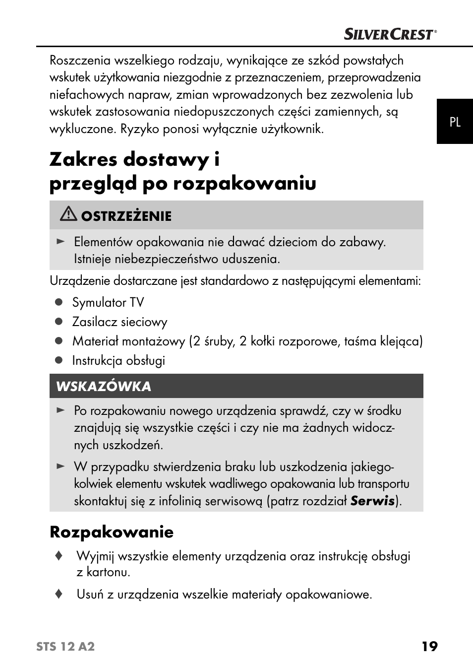 Zakres dostawy i przegląd po rozpakowaniu, Rozpakowanie | Silvercrest STS 12 A2 User Manual | Page 22 / 116