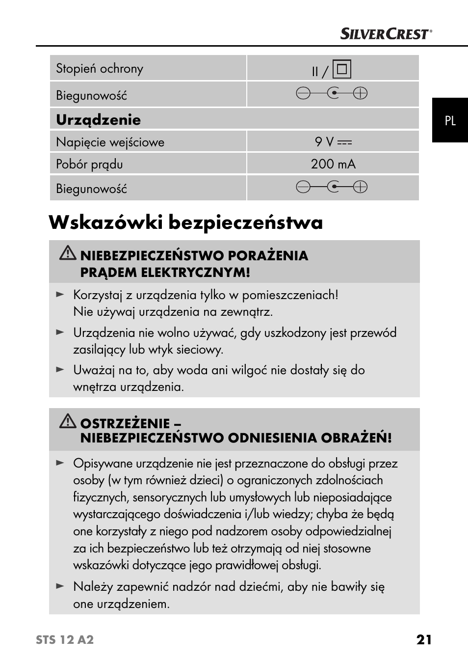 Wskazówki bezpieczeństwa | Silvercrest STS 12 A2 User Manual | Page 24 / 116