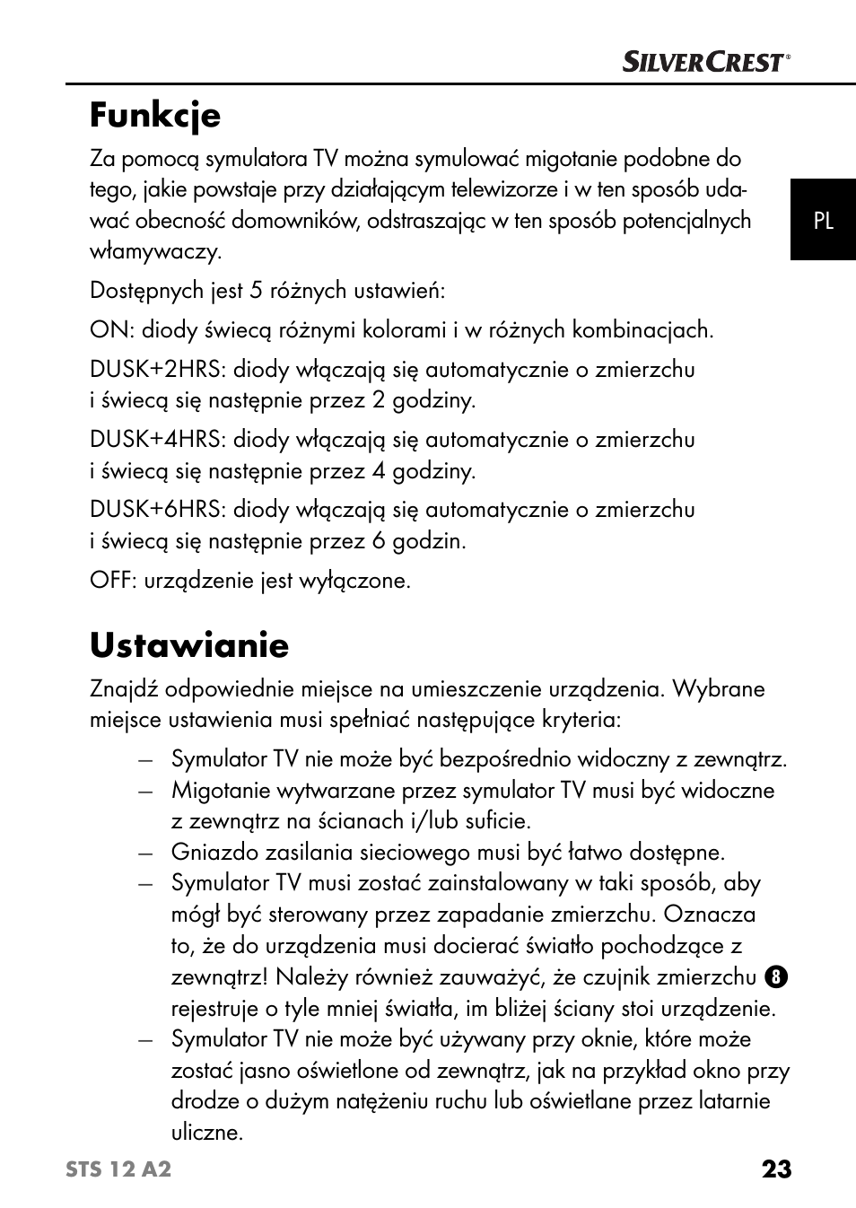 Funkcje, Ustawianie | Silvercrest STS 12 A2 User Manual | Page 26 / 116