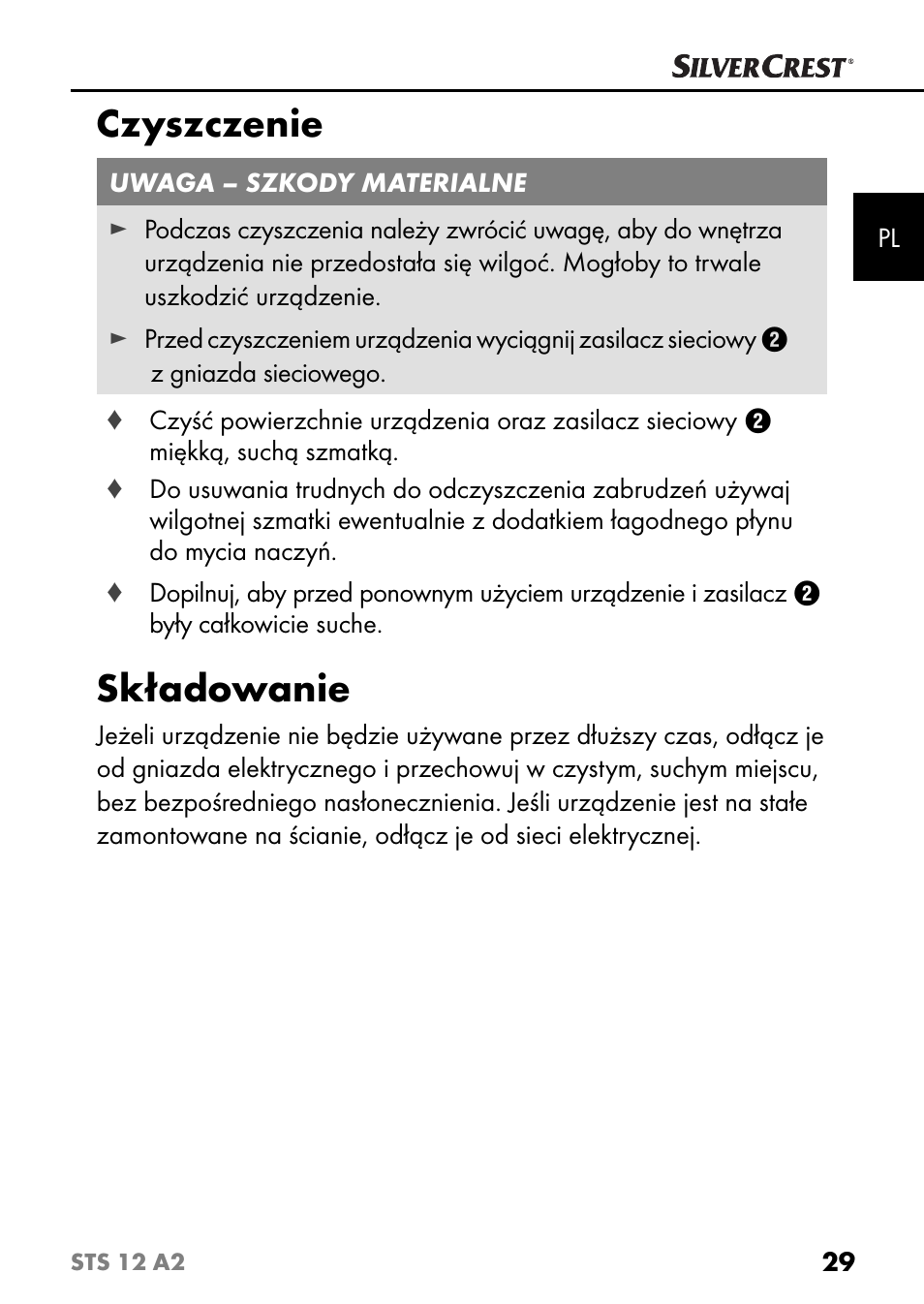 Czyszczenie, Składowanie | Silvercrest STS 12 A2 User Manual | Page 32 / 116