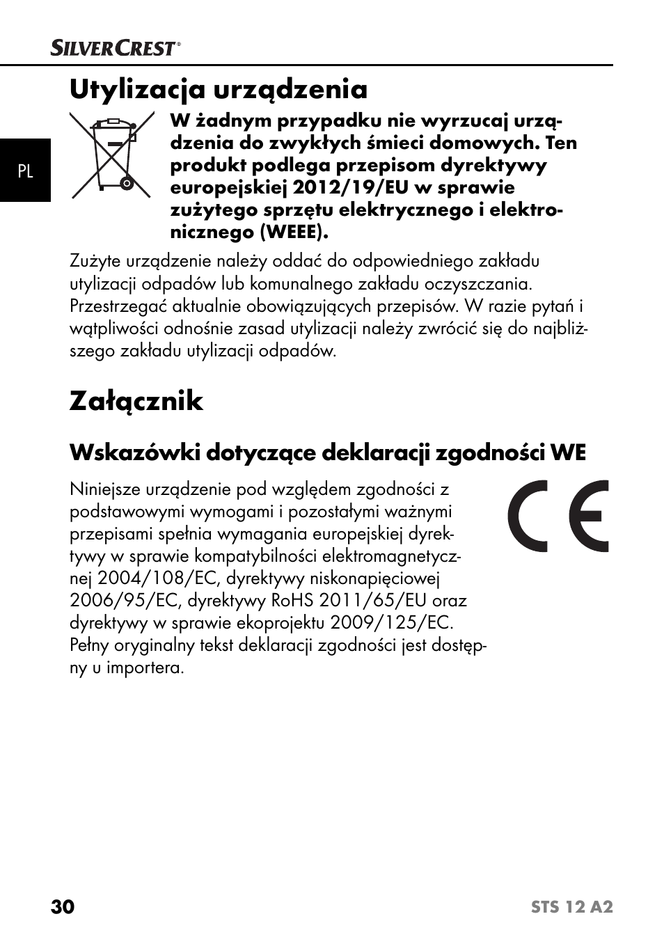 Utylizacja urządzenia, Załącznik, Wskazówki dotyczące deklaracji zgodności we | Silvercrest STS 12 A2 User Manual | Page 33 / 116