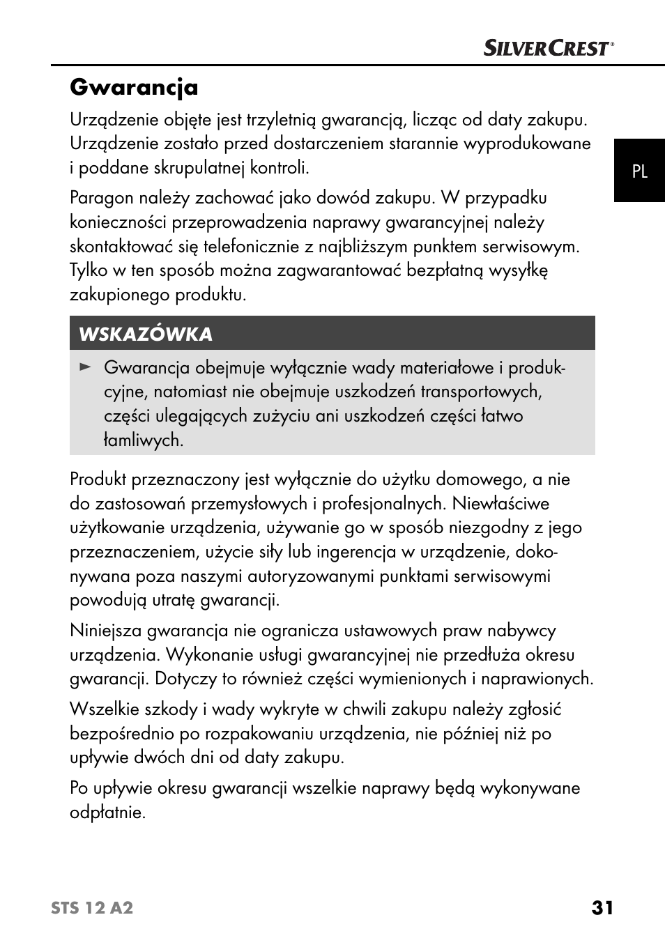 Gwarancja | Silvercrest STS 12 A2 User Manual | Page 34 / 116