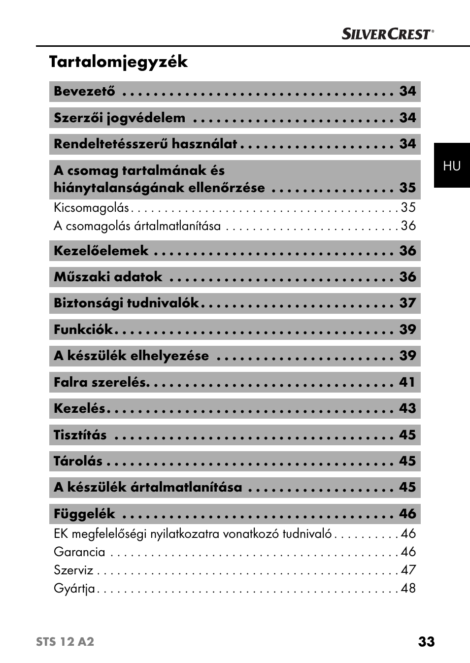 Tartalomjegyzék | Silvercrest STS 12 A2 User Manual | Page 36 / 116