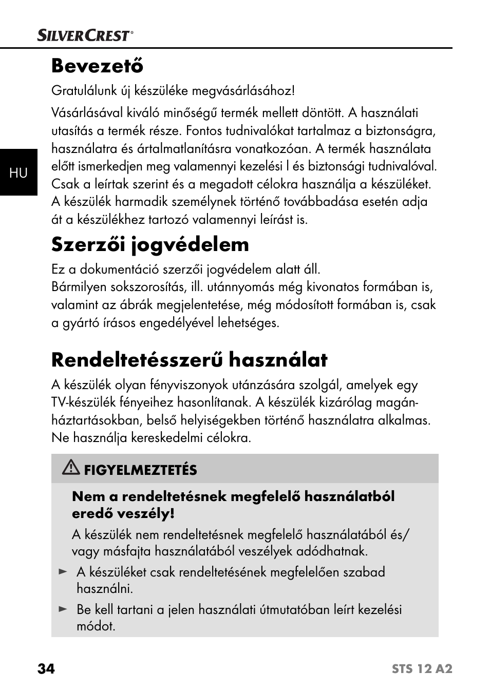 Bevezető, Szerzői jogvédelem, Rendeltetésszerű használat | Silvercrest STS 12 A2 User Manual | Page 37 / 116