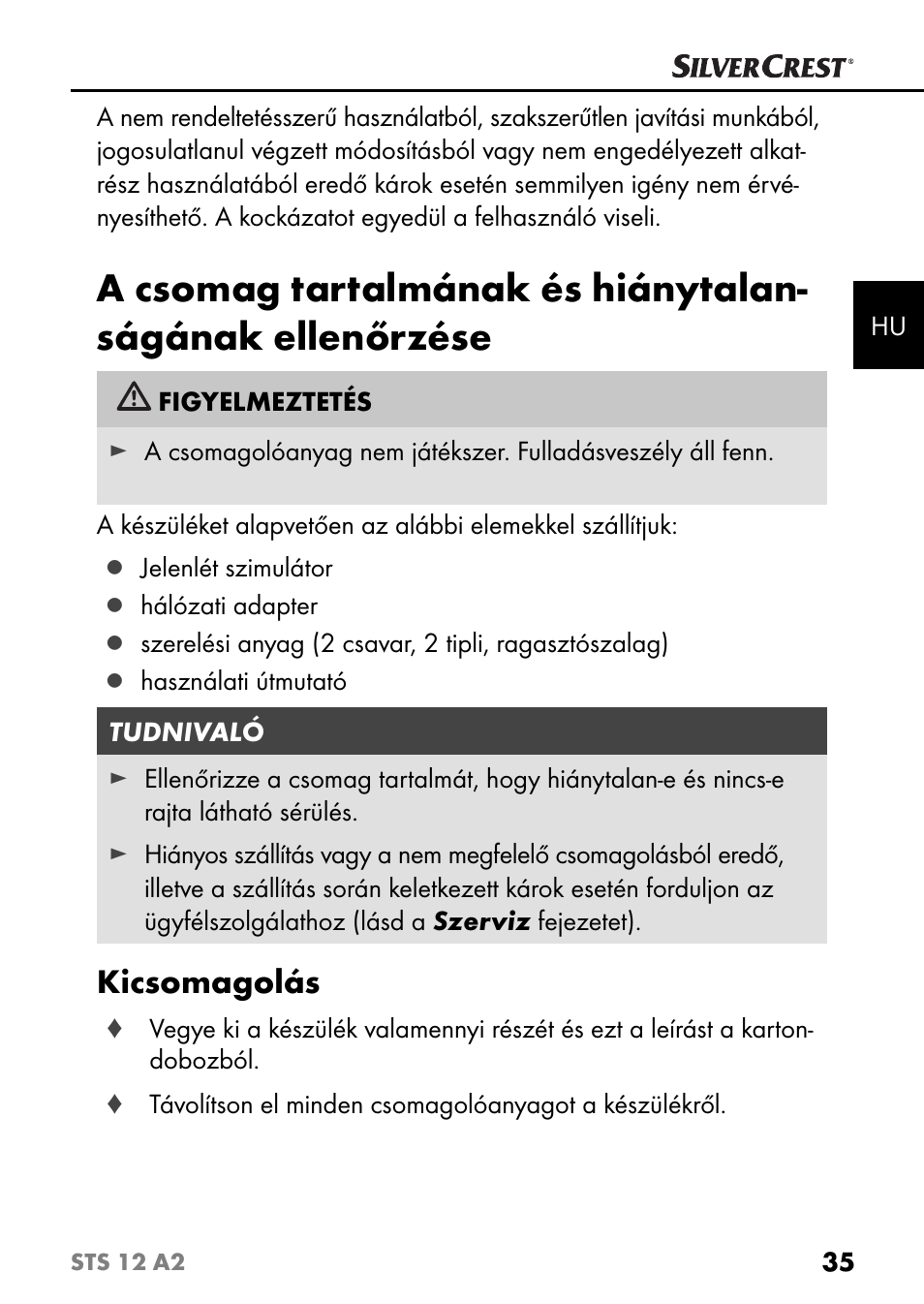 Kicsomagolás | Silvercrest STS 12 A2 User Manual | Page 38 / 116