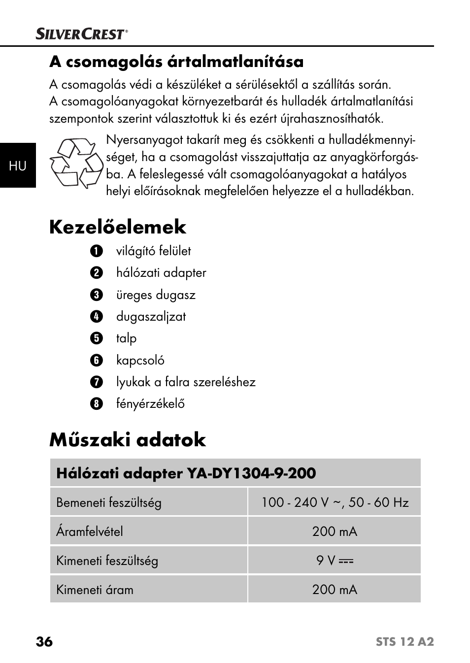 Kezelőelemek, Műszaki adatok, A csomagolás ártalmatlanítása | Silvercrest STS 12 A2 User Manual | Page 39 / 116