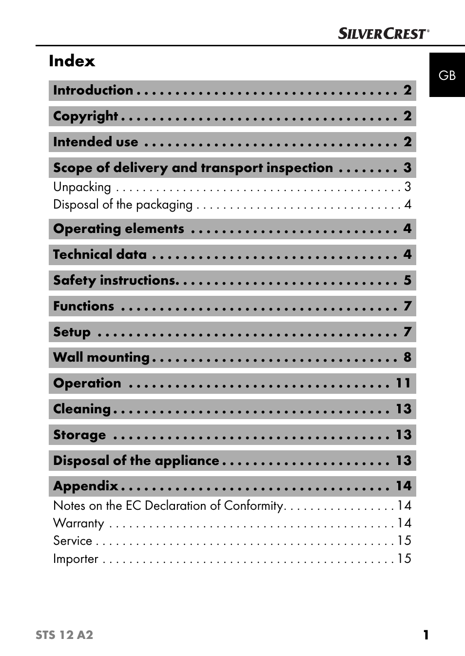 Index | Silvercrest STS 12 A2 User Manual | Page 4 / 116