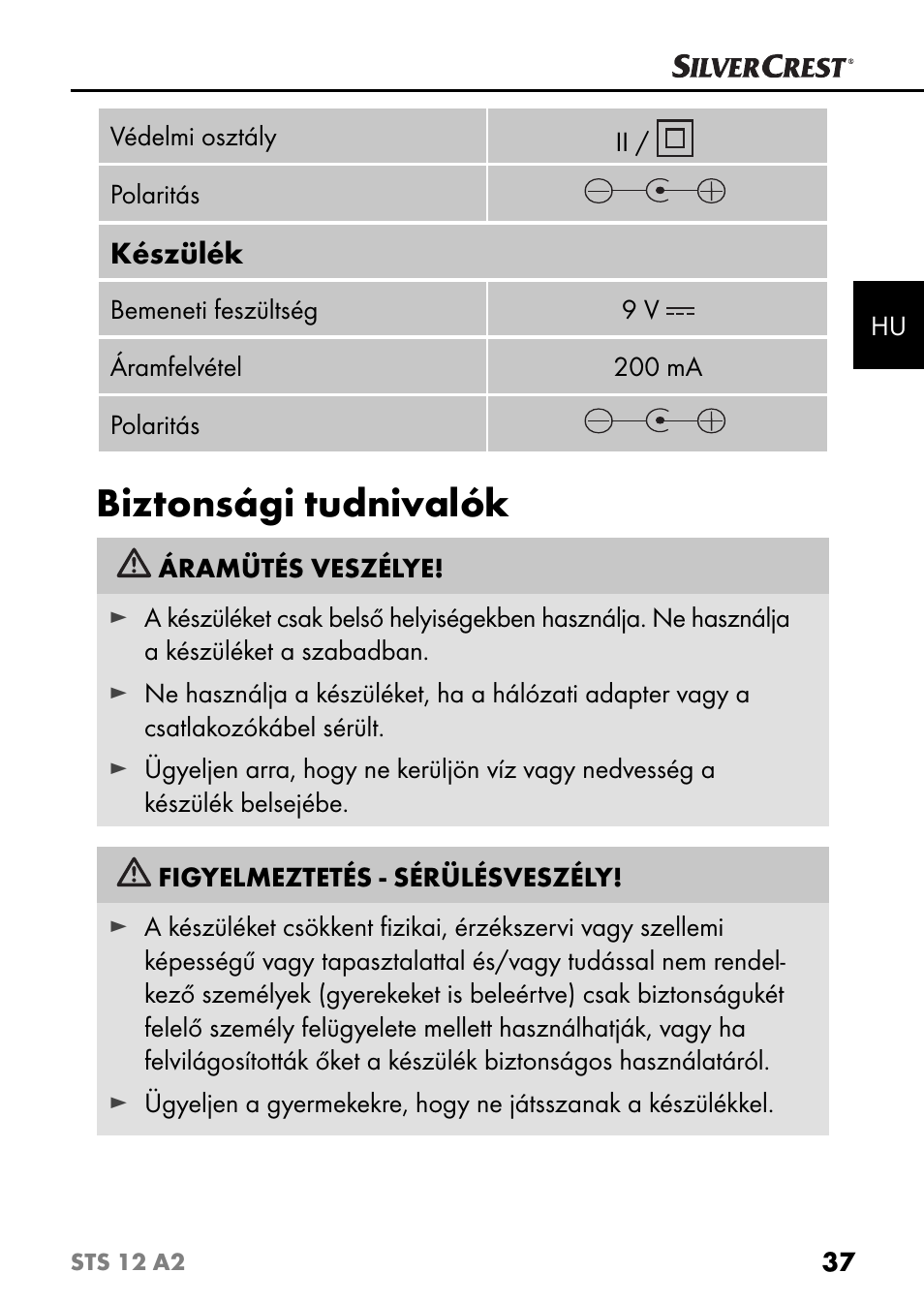 Biztonsági tudnivalók | Silvercrest STS 12 A2 User Manual | Page 40 / 116