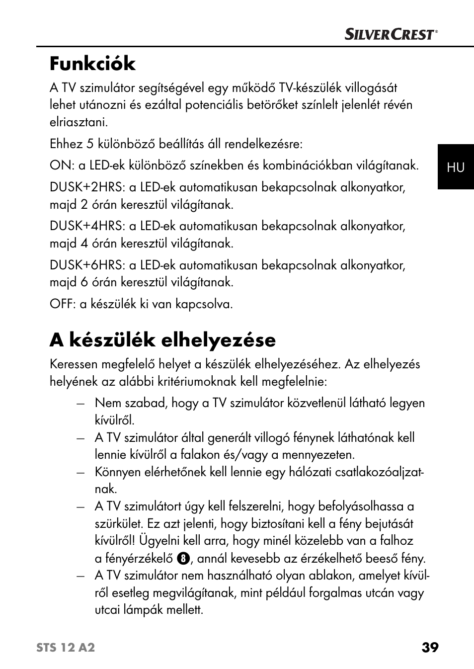 Funkciók, A készülék elhelyezése | Silvercrest STS 12 A2 User Manual | Page 42 / 116