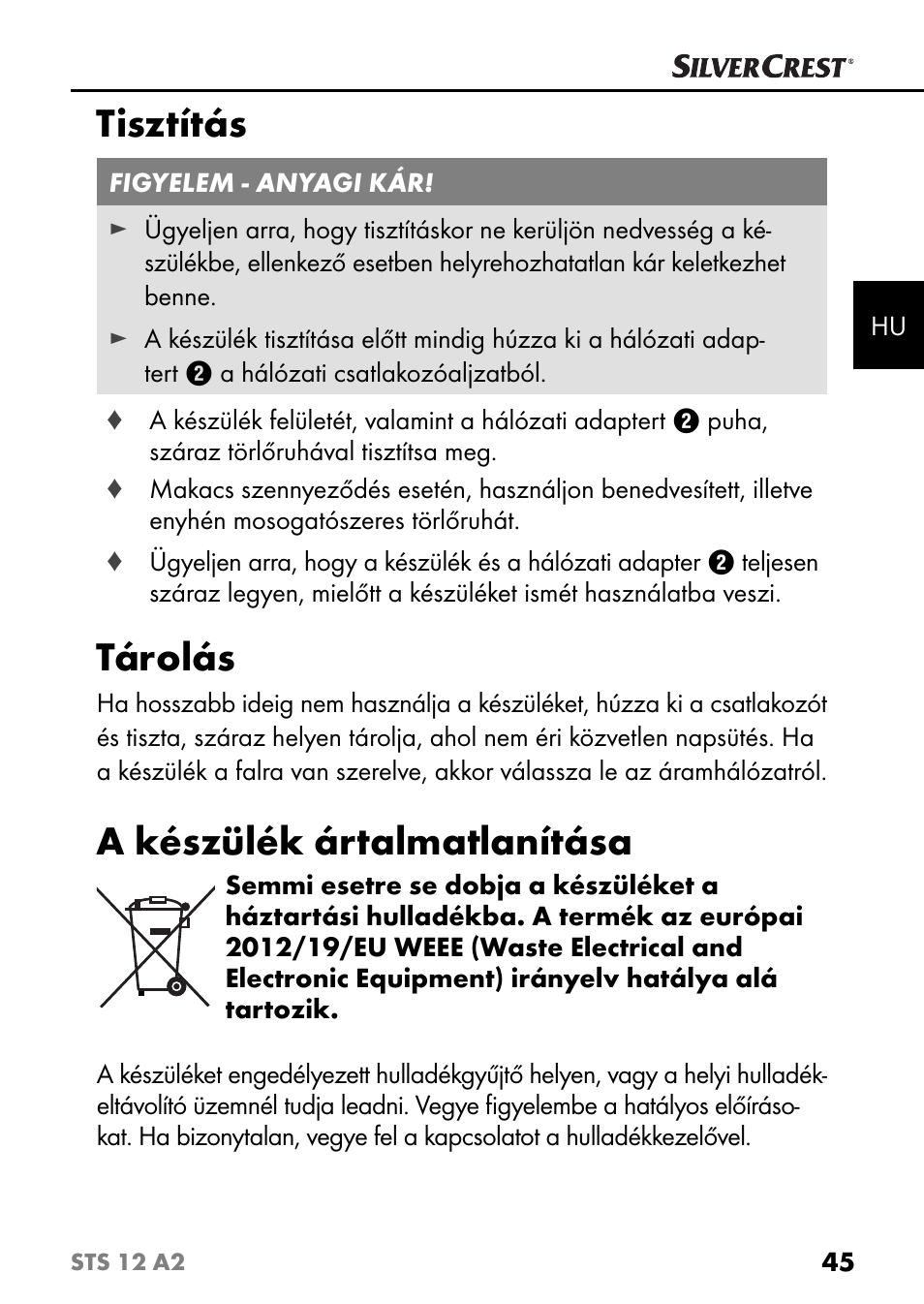 Tisztítás, Tárolás, A készülék ártalmatlanítása | Silvercrest STS 12 A2 User Manual | Page 48 / 116