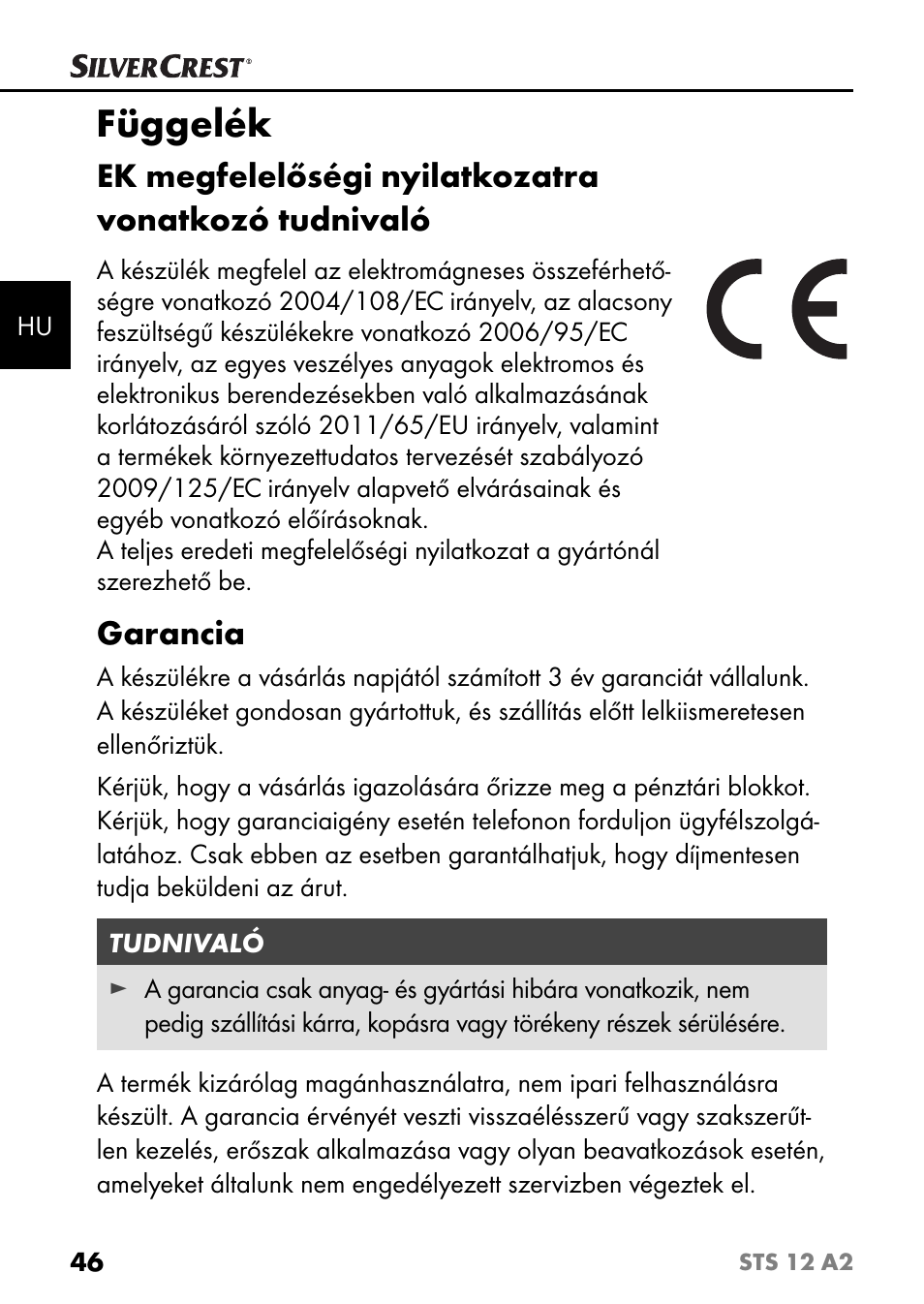 Függelék, Ek megfelelőségi nyilatkozatra vonatkozó tudnivaló, Garancia | Silvercrest STS 12 A2 User Manual | Page 49 / 116