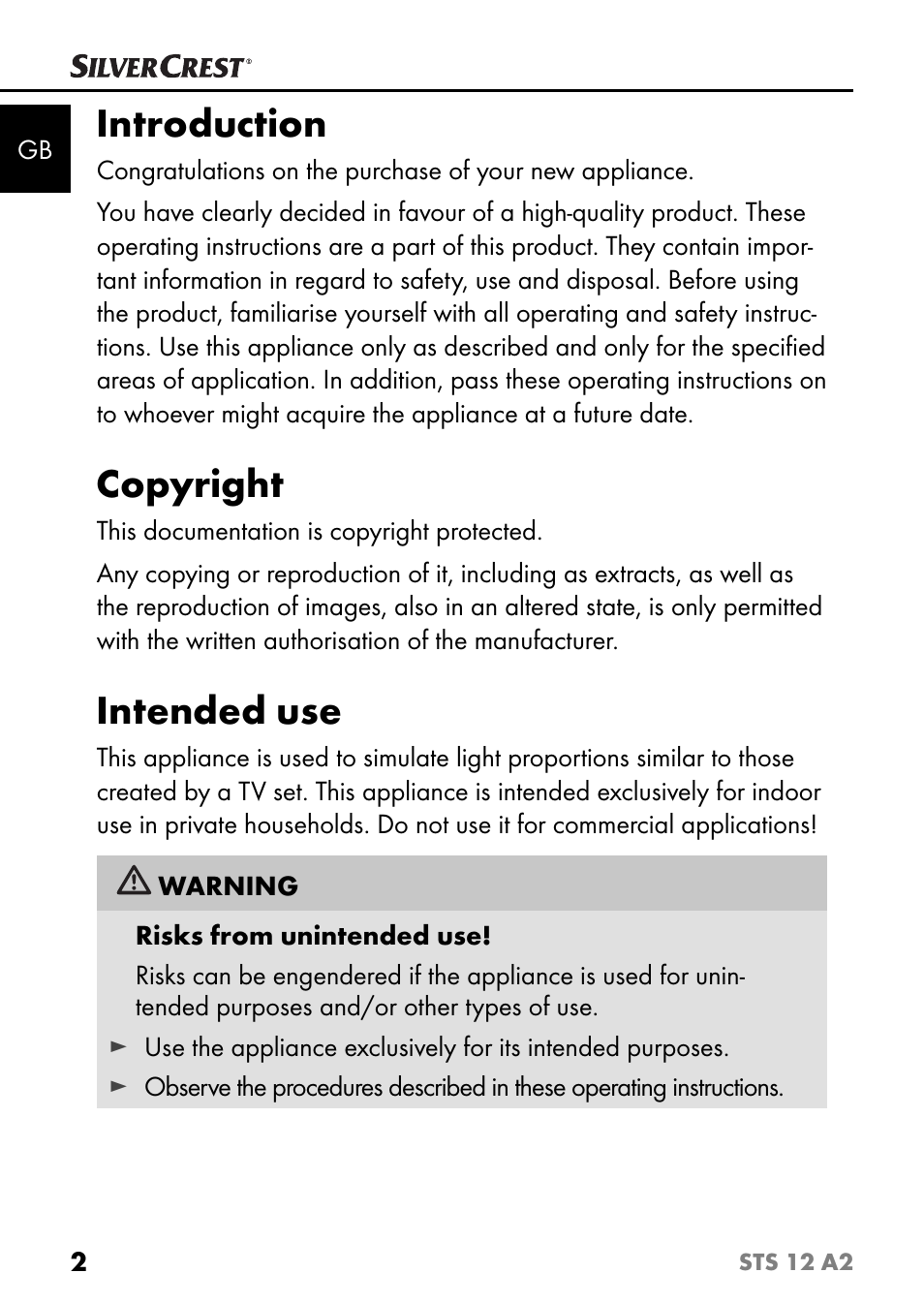 Introduction, Copyright, Intended use | Silvercrest STS 12 A2 User Manual | Page 5 / 116