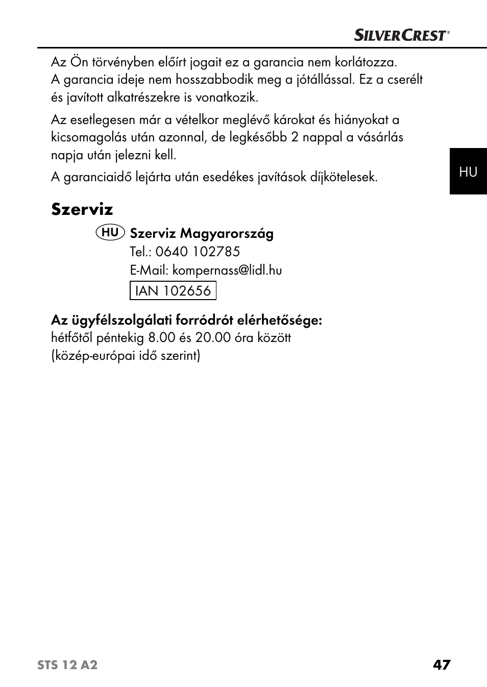 Szerviz | Silvercrest STS 12 A2 User Manual | Page 50 / 116