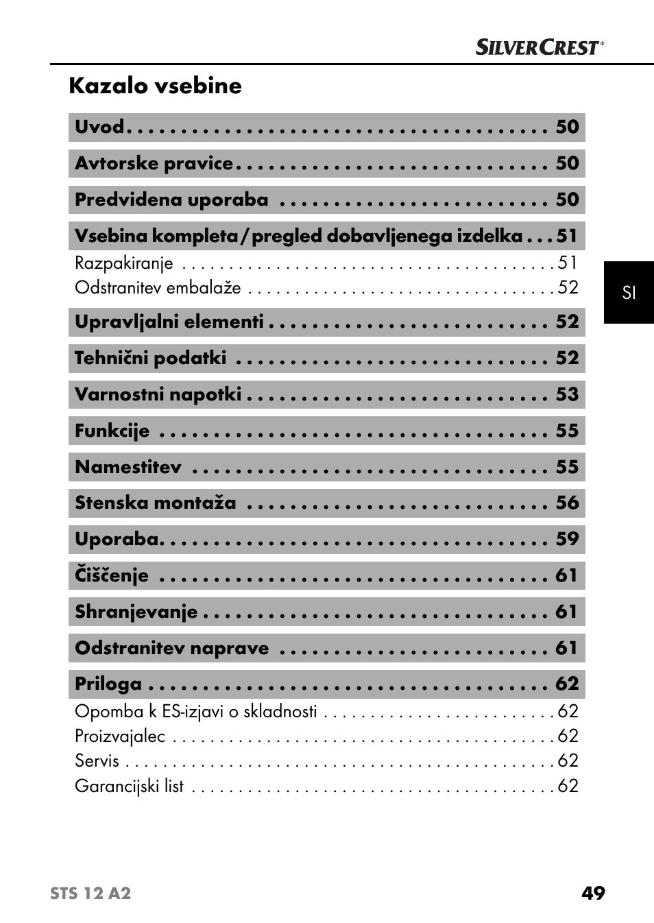 Kazalo vsebine | Silvercrest STS 12 A2 User Manual | Page 52 / 116