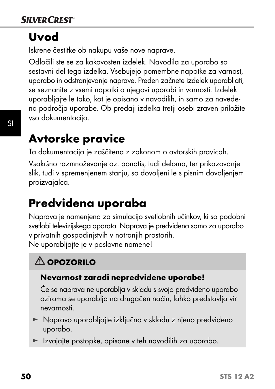 Uvod, Avtorske pravice, Predvidena uporaba | Silvercrest STS 12 A2 User Manual | Page 53 / 116